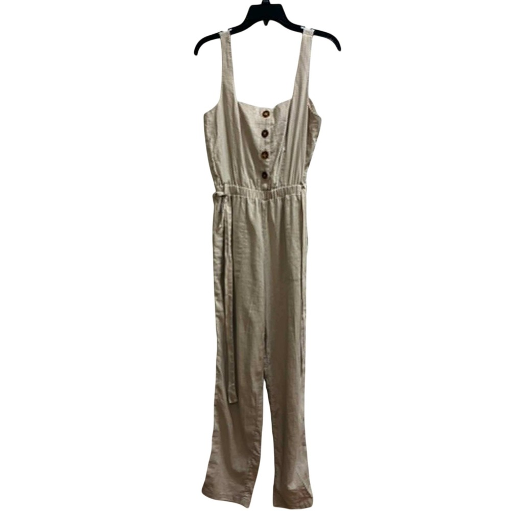Mimi Chica Utility Jumpsuit Womens M Tan Linen Blend Belted Sleeveless Boho